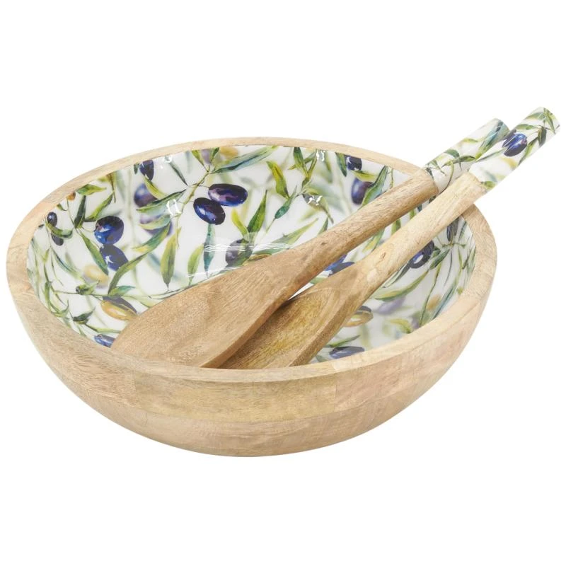 Couvert à salade en manguier et décor olives